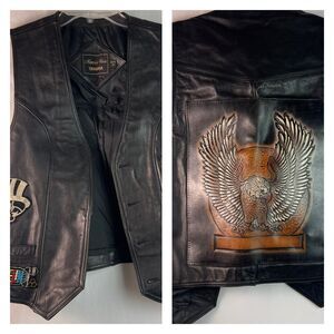 Vintage Maxim Wear Yamaha Patched Leather Vest Eagle Moto Biker Size Medium READ
